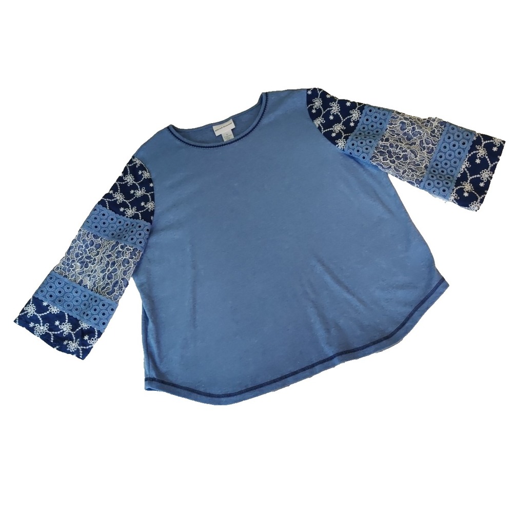 Alfred Dunner Top Women's XL Blue Free Spirit Patchwork Eyelet Lace Coastal Boho